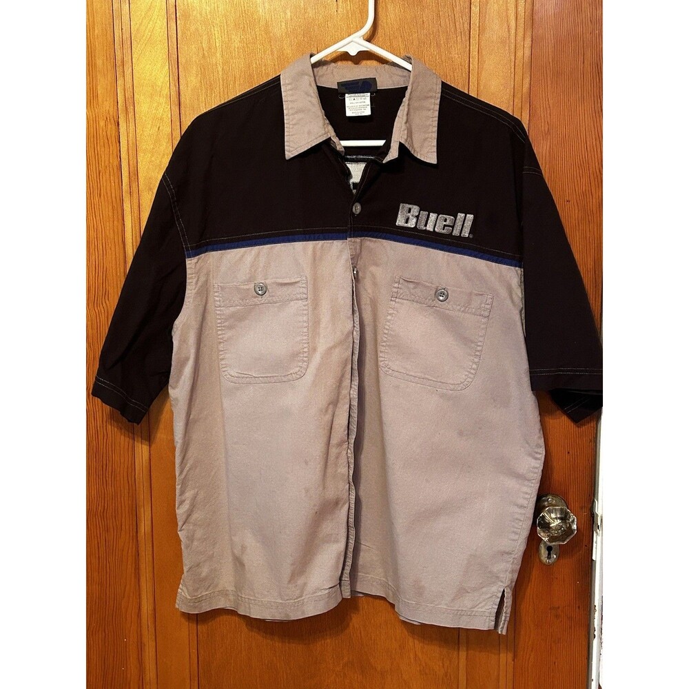 VTG 2000s Buell American Motorcycle Harley Mechanic Shirt Gray Button Down XL